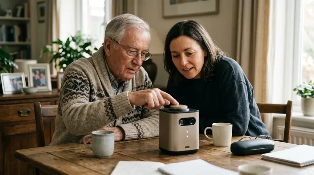 Adult daughter and elderly father testing a tabletop robot together