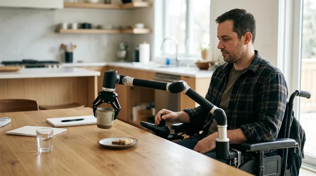 Person in a wheelchair using an assistive robotic arm to pick up a cup at a kitchen table
