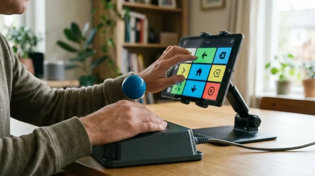 Person using an accessible joystick and tablet to control an assistive device