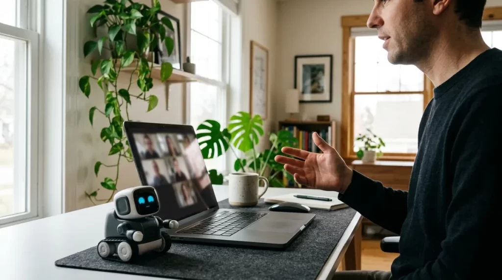 Home office desk with a laptop video call and a small expressive desk robot