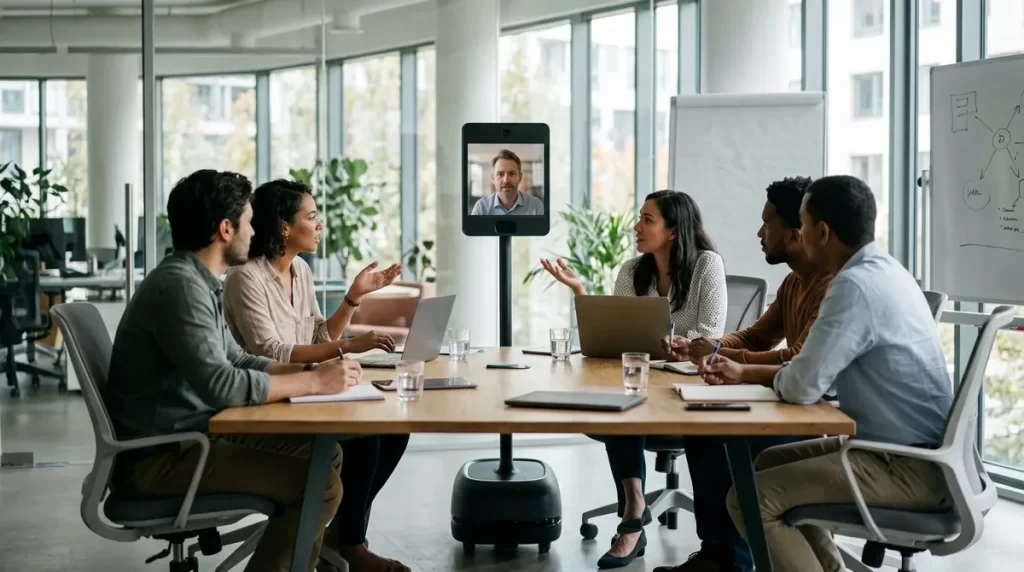 Telepresence robot with a screen joining colleagues at a meeting table