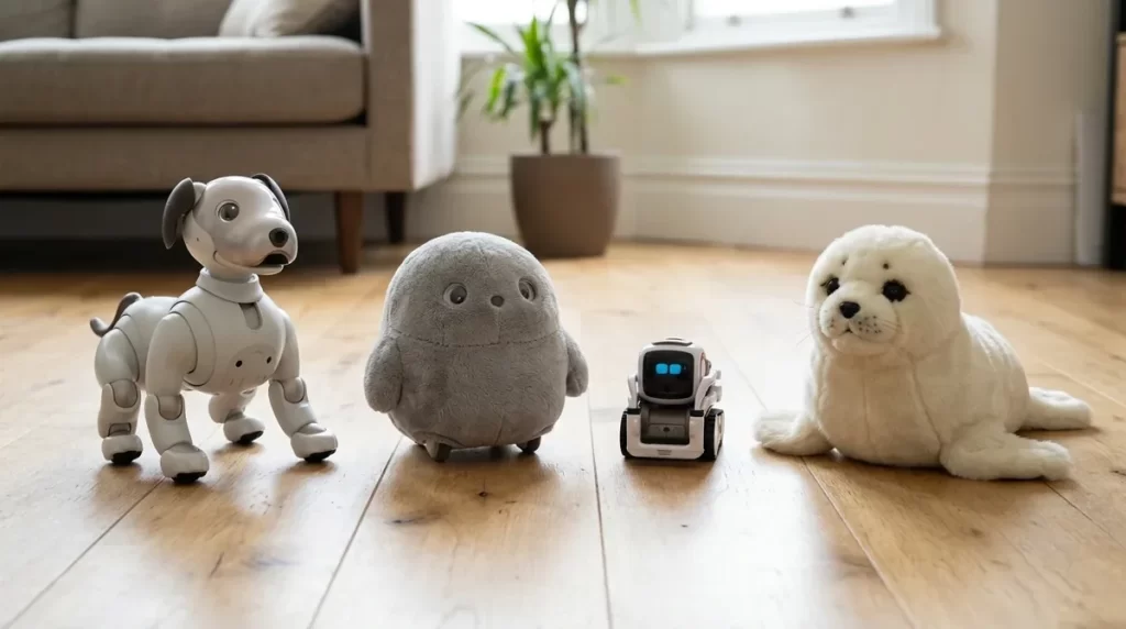 A robotic dog, a plush wheeled robot, a small desk robot and a seal-shaped robot side by side on a wooden floor