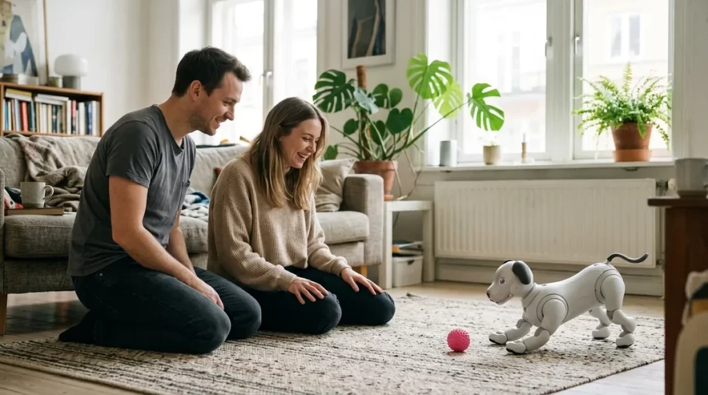 Couple watching a robotic dog play with a ball at home
