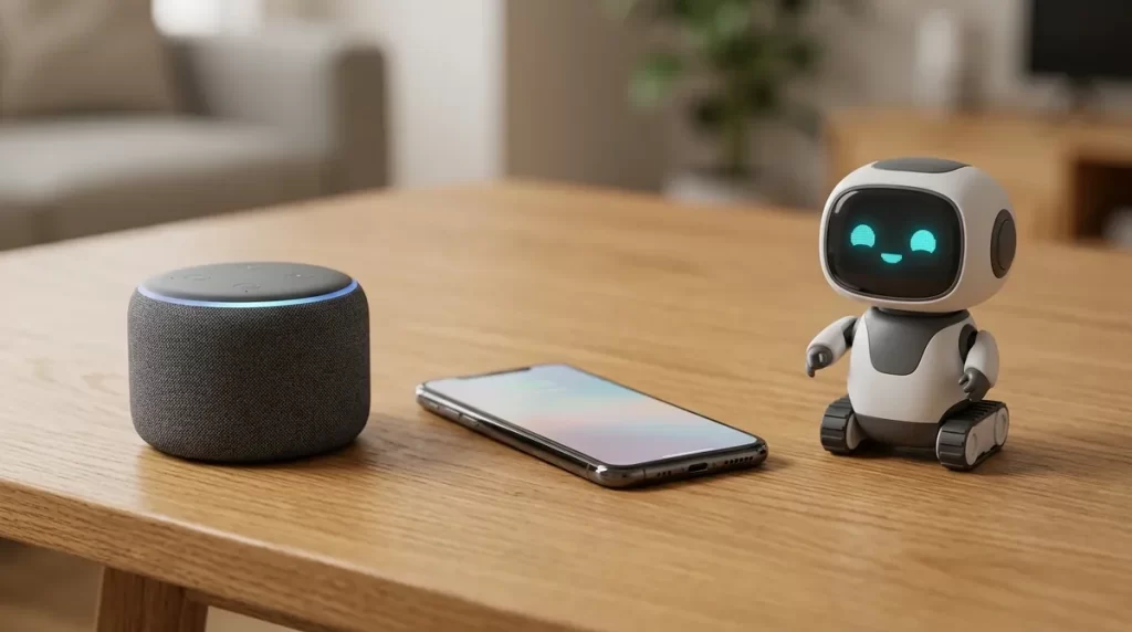 Smart speaker, smartphone and companion robot side by side