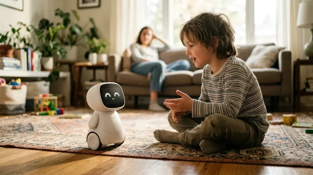 Child sitting on a rug talking to a small wheeled learning robot with a screen face