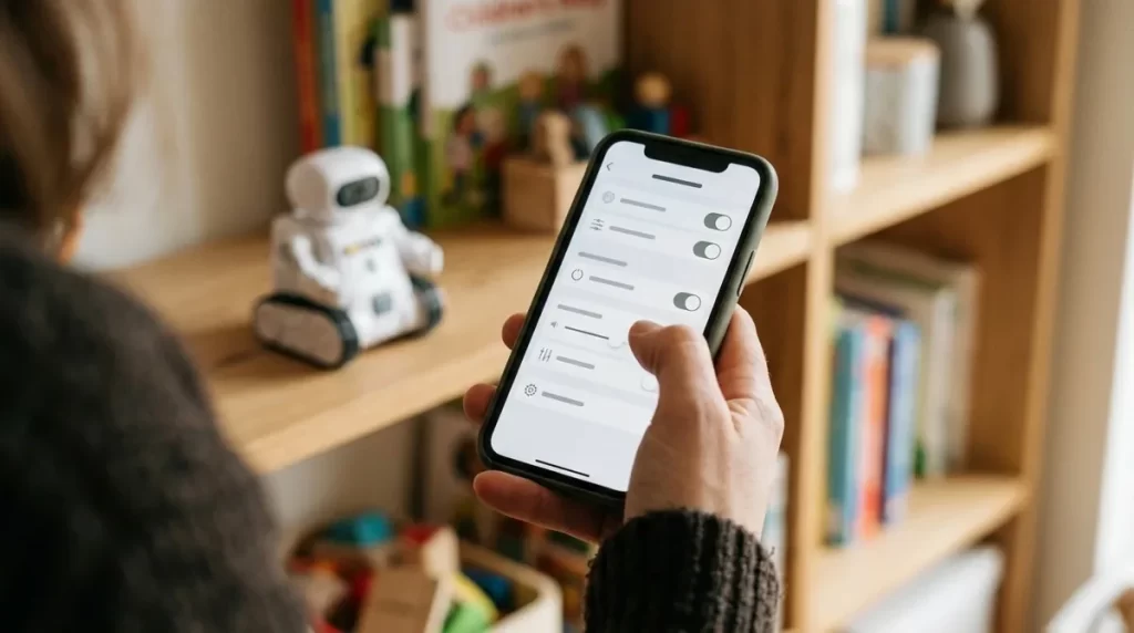 Parent adjusting settings on a phone with a kids robot in the background