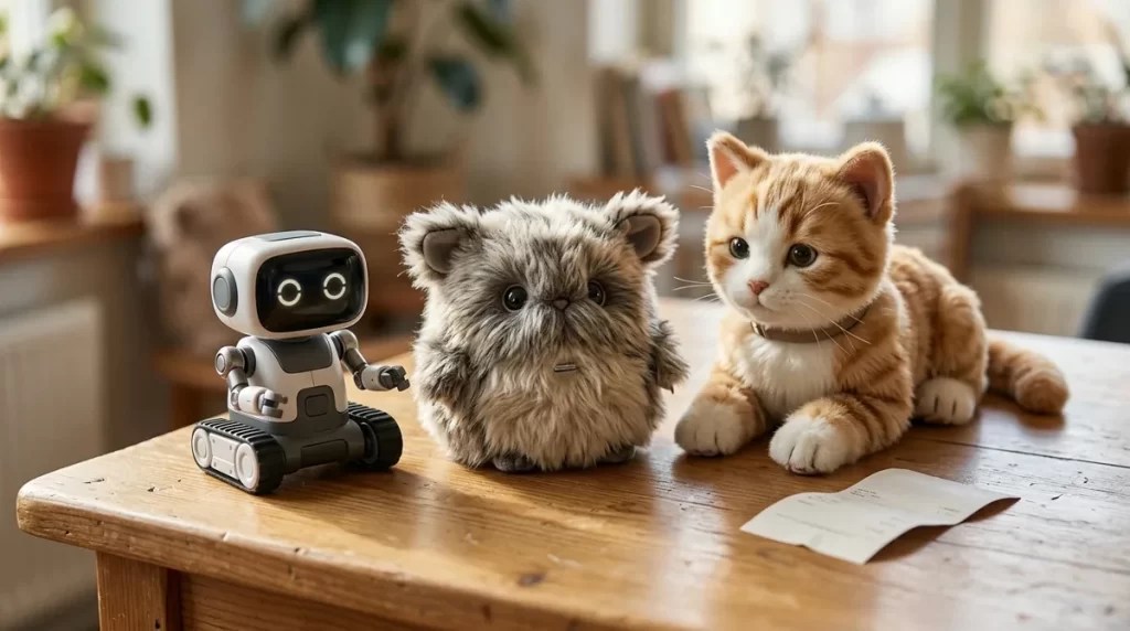 Several small companion robots on a table next to a paper receipt