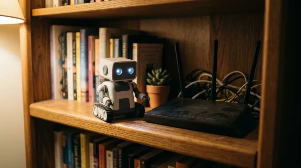 Desk robot with glowing eyes next to a home router with its lights off